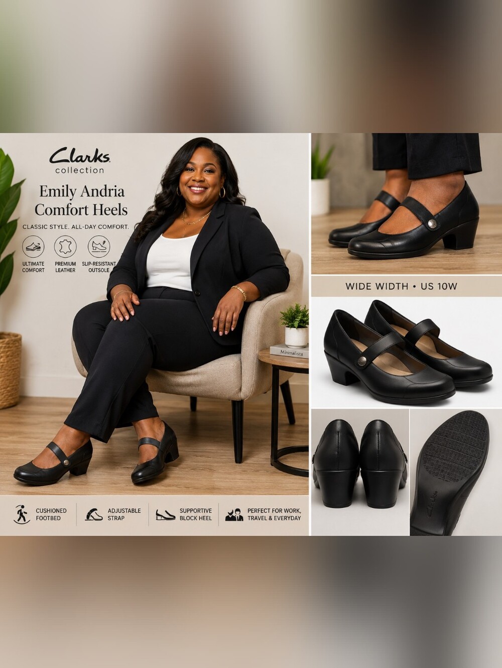 Clarks Collection Emily Andria Black Leather Mary Jane Heels US 10W Wide